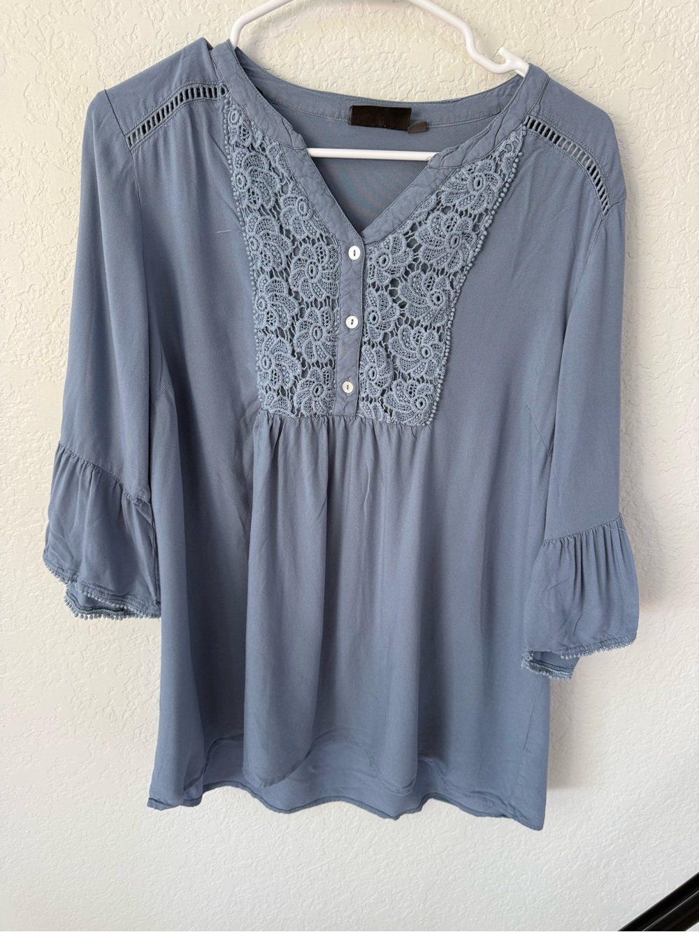 Lace Yoke Peasant Blouse in Dusty Blue